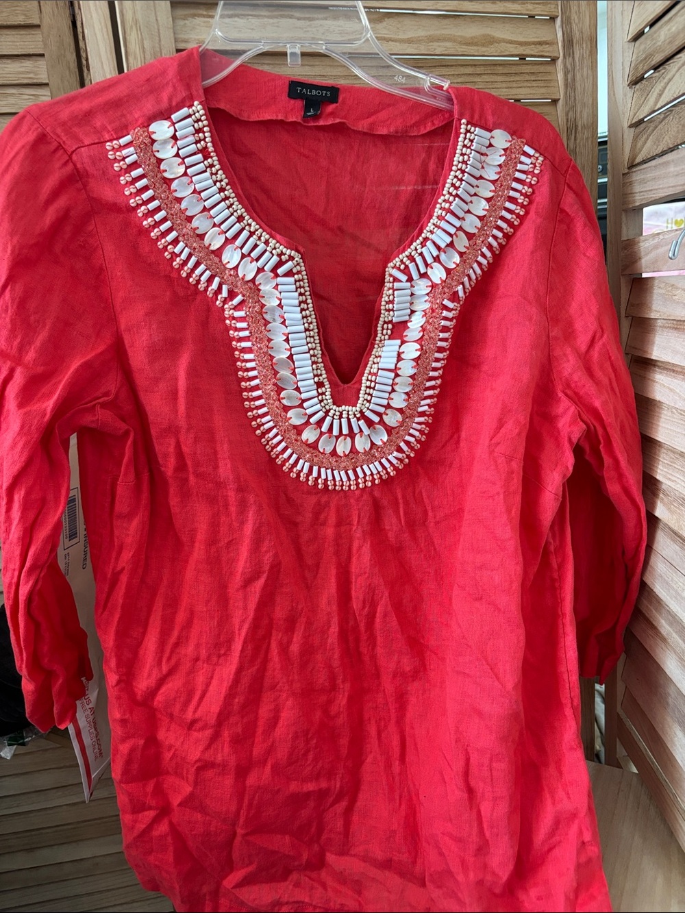 Ladies Talbots Red Embellished V-Neck Linen Tunic Large